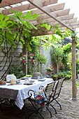 Table set with blue-and-white crockery on terrace with pergola