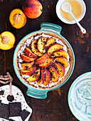 Peach pie with mascarpone cream, chocolate and honey