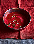 Vegan beetroot and pear soup with potatoes