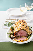 Roast beef with mushrooms wrapped in pastry