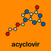 Acyclovir antiviral drug, molecular model