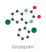 Lorazepam sedative and hypnotic drug, molecular model