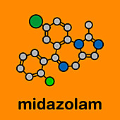 Midazolam benzodiazepine drug, molecular model