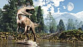 Cryolophosaurus dinosaur with prey, illustration