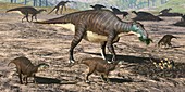 Maiasaura dinosaur feeding young, illustration