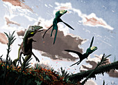 Dimorphodon pterosaurs being hunted, illustration
