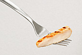 Piece of grilled chicken on a fork