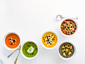 Gourmet makeover of soups with tomato, pea, chilli bean, butternut squash and mushroom