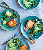 Koji-glazed salmon with sesame greens