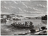 Telegraphic cable in a river, illustration