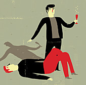 Man pointing to collapsed friend, illustration