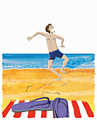 Man in pain crossing hot sand, illustration