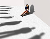 Woman surrounded by ominous shadows, illustration
