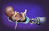 Robot holding a developing human foetus, illustration