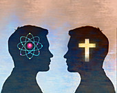Science versus religion, conceptual illustration
