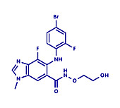 Binimetinib cancer drug molecule, illustration