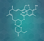 Milbemycin oxime antiparasitic drug molecule, illustration