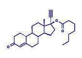 Norethisterone enanthate drug molecule, illustration
