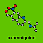 Oxamniquine anthelmintic drug molecule, illustration