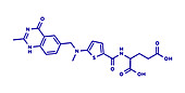 Raltitrexed cancer chemotherapy drug molecule, illustration