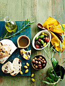 Olive bread, olives and olive oil
