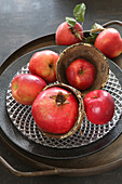 Autumnal arrangement of red apples and pomegranates on plate