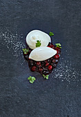 Parsnip ice cream with chocolate foam and lingon berry compote