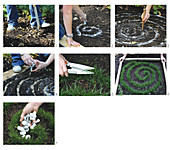 Instructions for making a miniature bed with a spiral of grass and white gravel as garden decoration