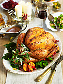 Crispy skinned roast turkey with lemon and garlic