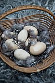 Wooden and ceramic eggs and spotted feathers in basket