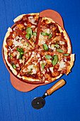 Pizza Wahnsinn mit Tomatensauce und Basilikum