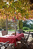 Table with red tablecloth and wooden chairs below chair with autumn foliage