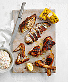 BBQ roast chicken with corn on the cob