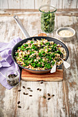 Rice with aubergine and kale