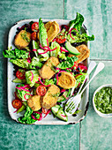 Crispy polenta halloumi with tomatillo salsa