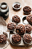Breakfast set with healthy zucchini chocolate muffins