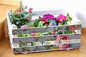 Springlike wooden crate covered with floral wallpaper remnants