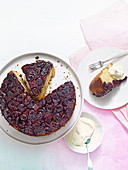 Upside-down cherry-rose cake with clotted cream