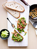 Potted shrimp on toast with pickled cucumber