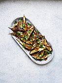 Steamed aubergines with peanut dressing