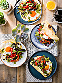 Mexican tortillas with charred broccoli, salsa verde, labneh and fried eggs
