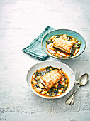 Pan-fried cod with giant beans and chard