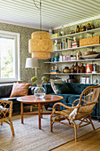 Vintage-style accessories on shelves in cosy living room