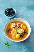 French bouillabaisse with fish, shrimps and mussels