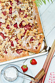 Strawberry and rhubarb tray bake cake