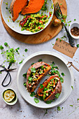 Baked sweet potatoes whole with avocado paste