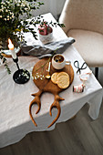 Christmas holiday table coffee mug candle holder almond cookies wooden board