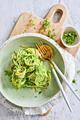Pasta with basil and avocado sauce