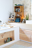 DIY wooden accessories in modern, country-house-style bathroom