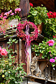 Cat and wreath of amaranth and rose hips on balcony
